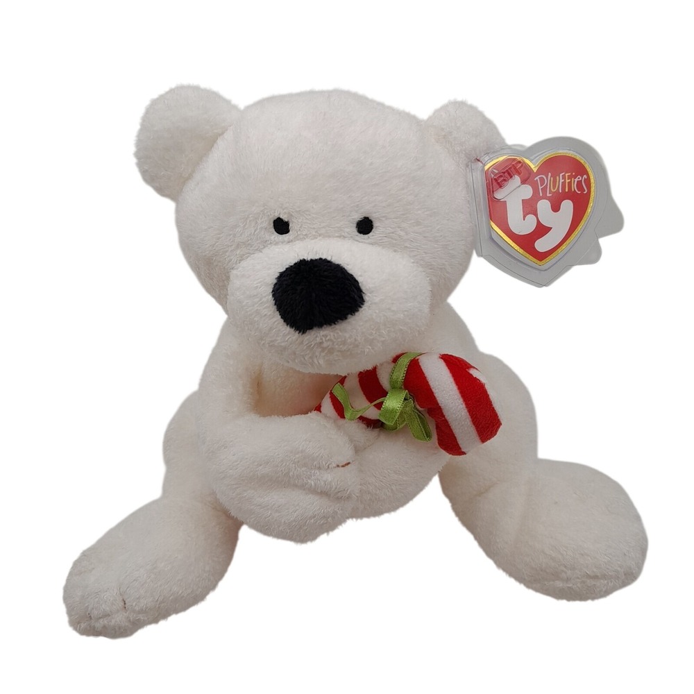 Ty Pluffies Candy Cane White Polar Bear Christmas Plush Stuffed Animal 8in